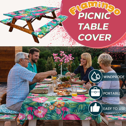 🦩✨Flamingo Picnic Table Cover Bench Covers and Carrying bag, Elastic all Around,Windproof and Waterproof Picnic Table Covers with Elastic for Camping 🎉