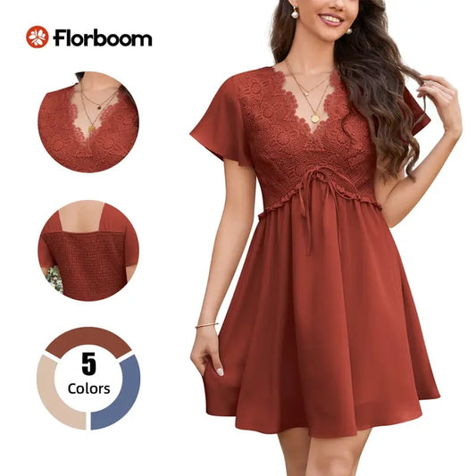 💕2026 New arrival 59% OFF Only ￡29.89! ☀️Florboom Women's Floral Lace Bohemian Dress — Featuring a deep V-neck, a short-length design, flowing short sleeves, and an A-line hem