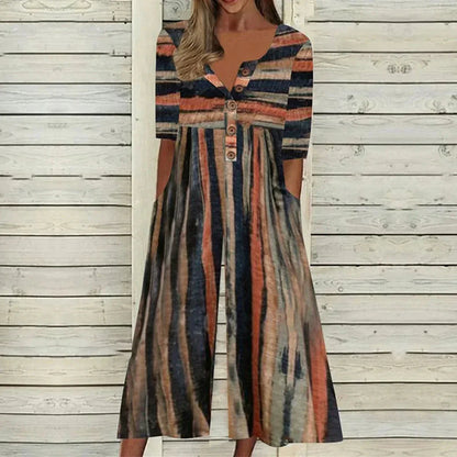 💥Last Day Special Sale 49% OFF💃Printed V-Neck Side Pocket Jumpsuit