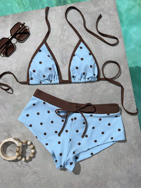 👙New arrival 50% OFF! ☀️Women's Polka Dots 2 Piece Swimsuit Triangle Halter Bikini Set Boyshorts Bathing Suit