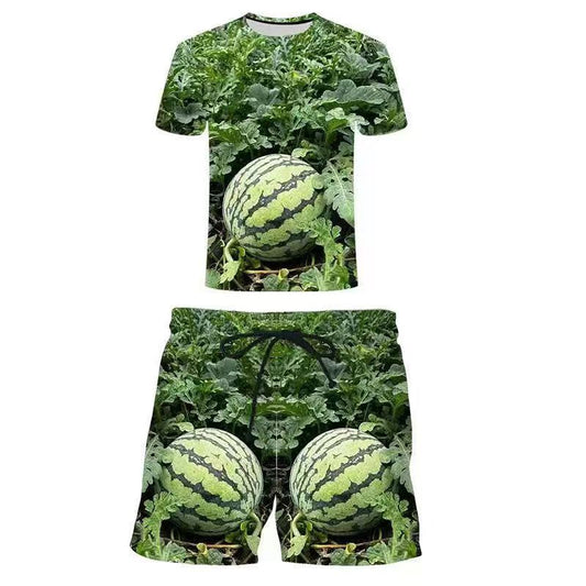 🍉New arrival 33% OFF! 👕 Men's Casual Watermelon-Patterned T-Shirt Set – Round Neck Short Sleeve Top & Shorts, Loose & Breathable, Plus Size Available. Fun & Trendy Summer Outfit! ☀️🩳