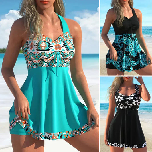 🔥LAST DAY SALE -49% OFF⚡👙Women's Plants Print V Neck Swimdress & Tankini Set 