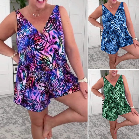 💕 One-piece swimsuit – built-in bra, lively print, all-day comfort. Just add sunshine 🌸🌴Sleeveless V-Neck Printed Swimsuit