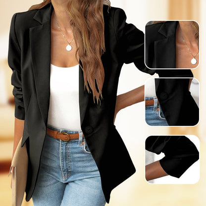 💖 Soft Solid Color Button-Up Lapel Jacket – Woman's Casual Blazer,  Great for Spring & Fall. Elevate Your Everyday Look 🍂👚