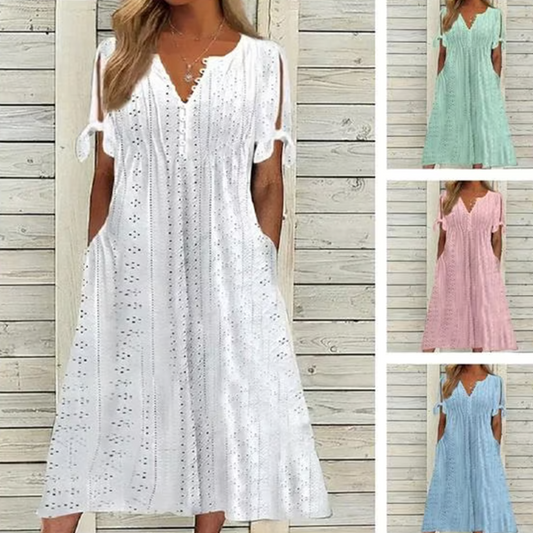 👗New arrival 50% OFF! ☀️Women's Elegant V-Neck Hollow-Out Solid Dress，Hollow-Out Details, Solid Color