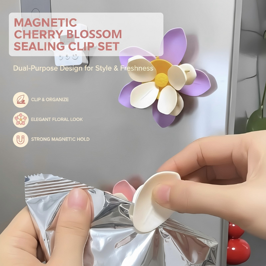 🌸🧴 Magnetic Cherry Blossom Sealing Clips – Reusable, Strong Magnetic Hold, Magnetic for Fridge Door or Metal Racks. Perfect for Chip Bags & Snack Pouches. Pretty Clips for a Tidy Pantry! 🛒✅